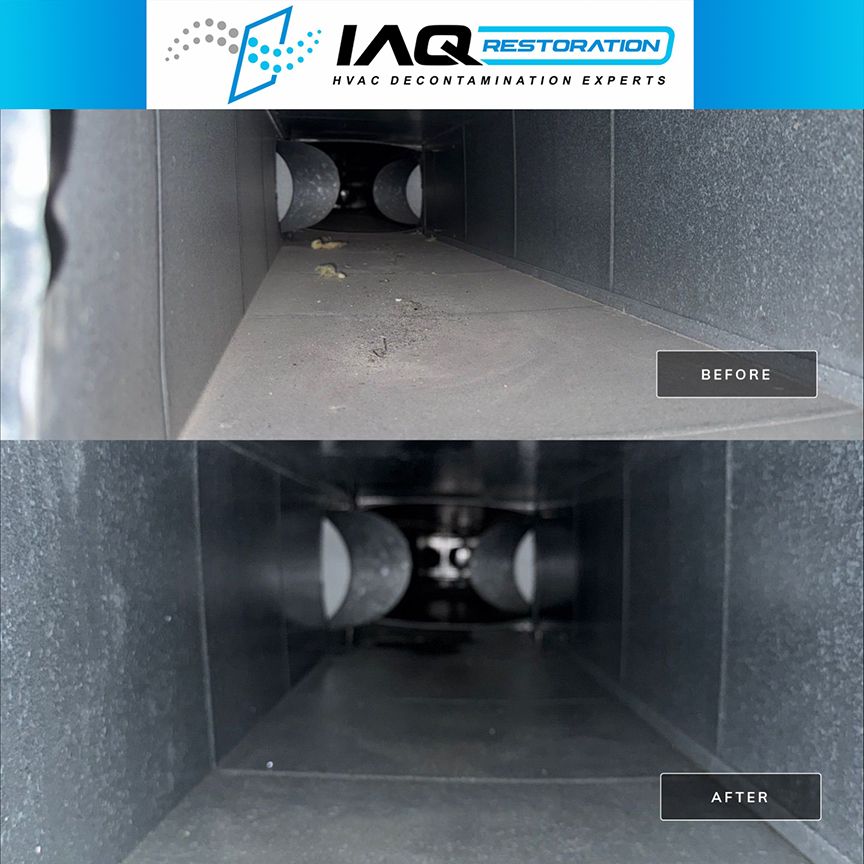 Commercial air duct interior before and after professional cleaning by IAQ Restoration