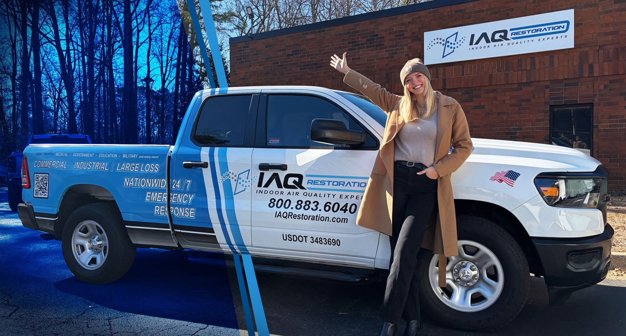 IAQ Restoration branded duct cleaning truck and team member at company headquarters — nationwide 24/7 emergency response