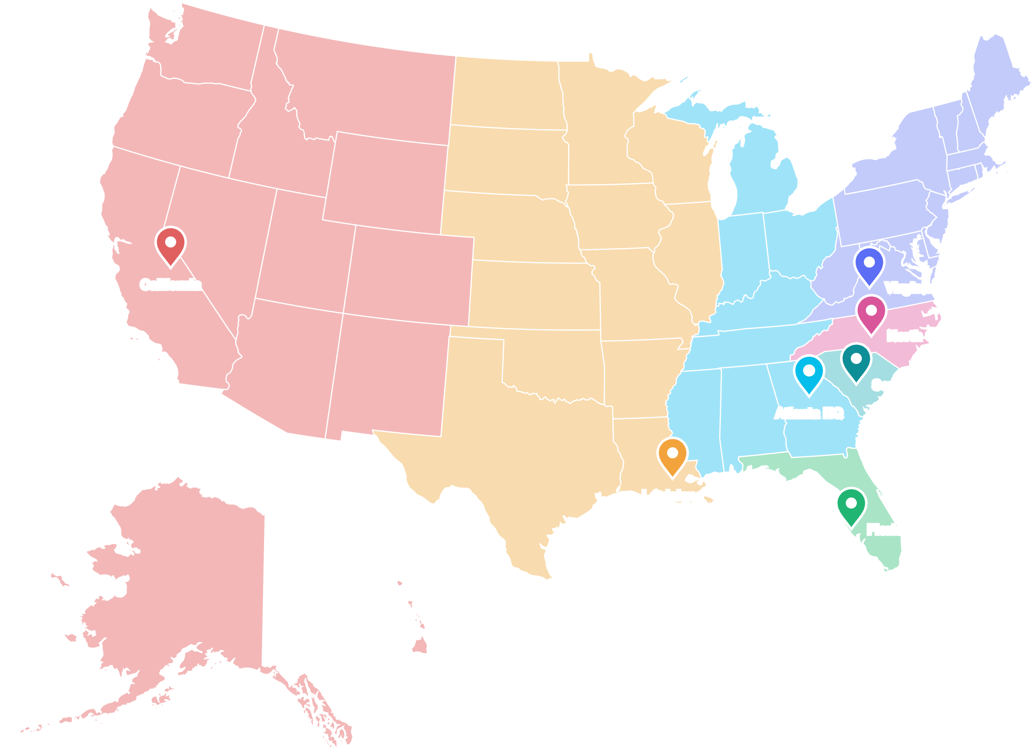 IAQ Restoration nationwide coverage map — seven regional offices covering all 50 states