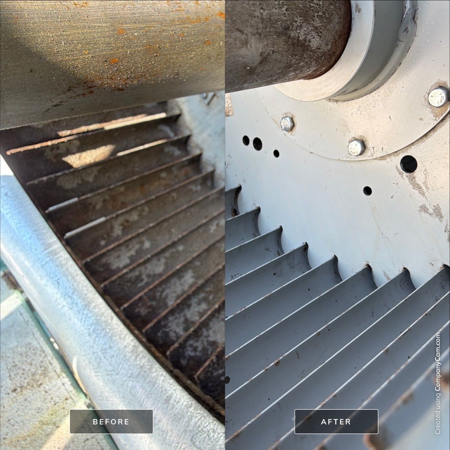 Industrial blower wheel before and after cleaning